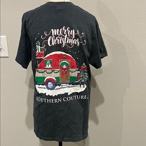 Southern Couture Merry Christmas Gray T-Shirt -Holiday Red and Green Camper Sm